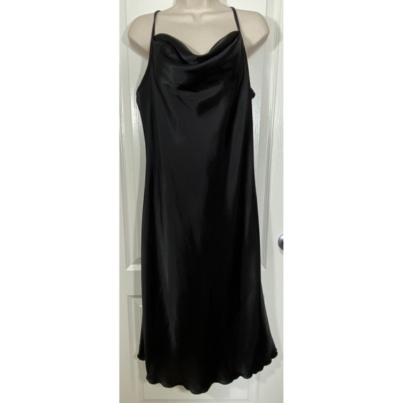 Bebe Slip Dress Woman Large Black Midi Satin Whimsigoth Glam Cowl Drape Neck y2K - Picture 1 of 10